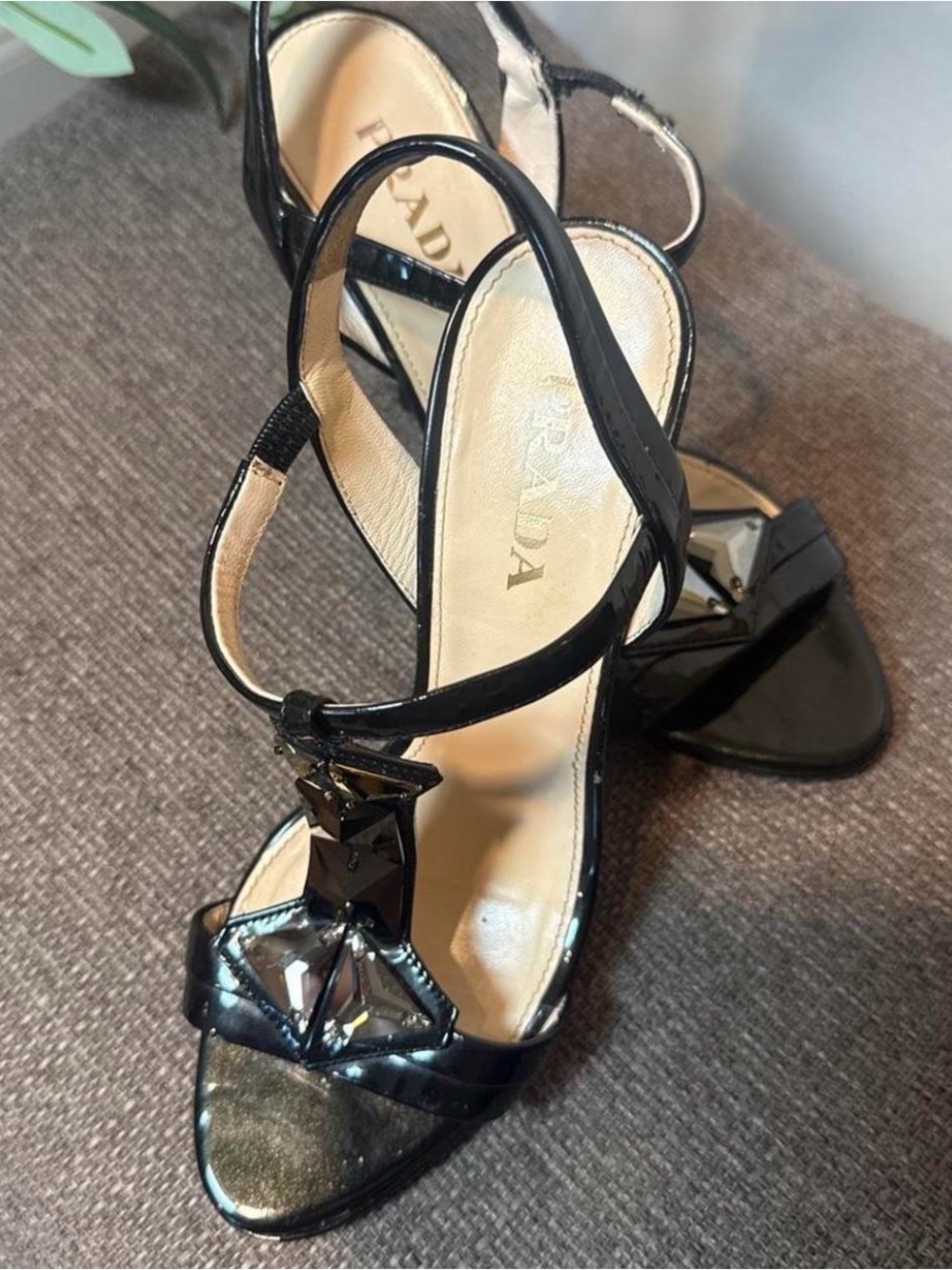 Prada Black Patent T-Strap Gem Embellished Sandals